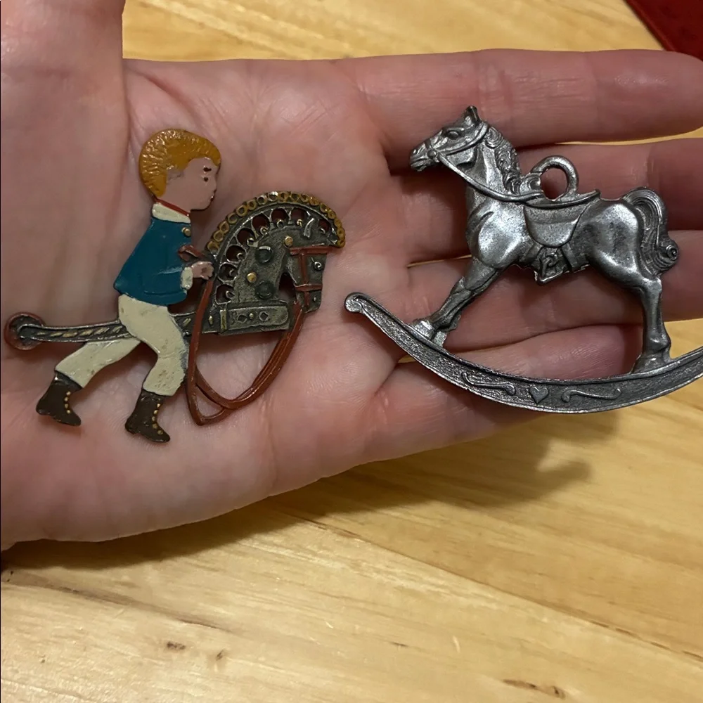 Vintage metal toy horse ornaments.  Rocking horse and stick horse